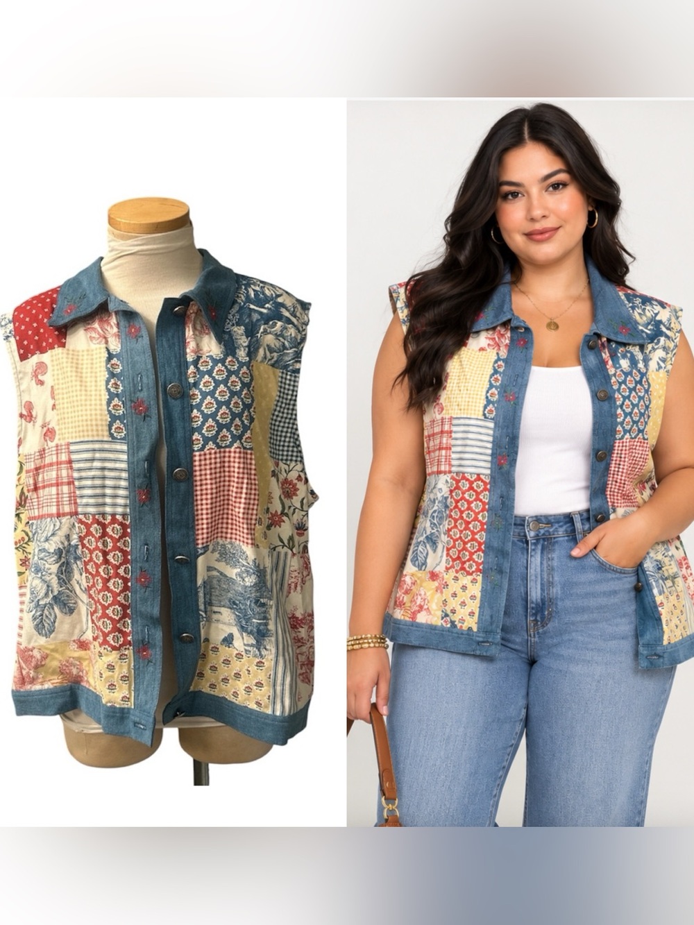 Graff Patchwork Vintage Button  Down Denim Vest with Pockets  Size Large